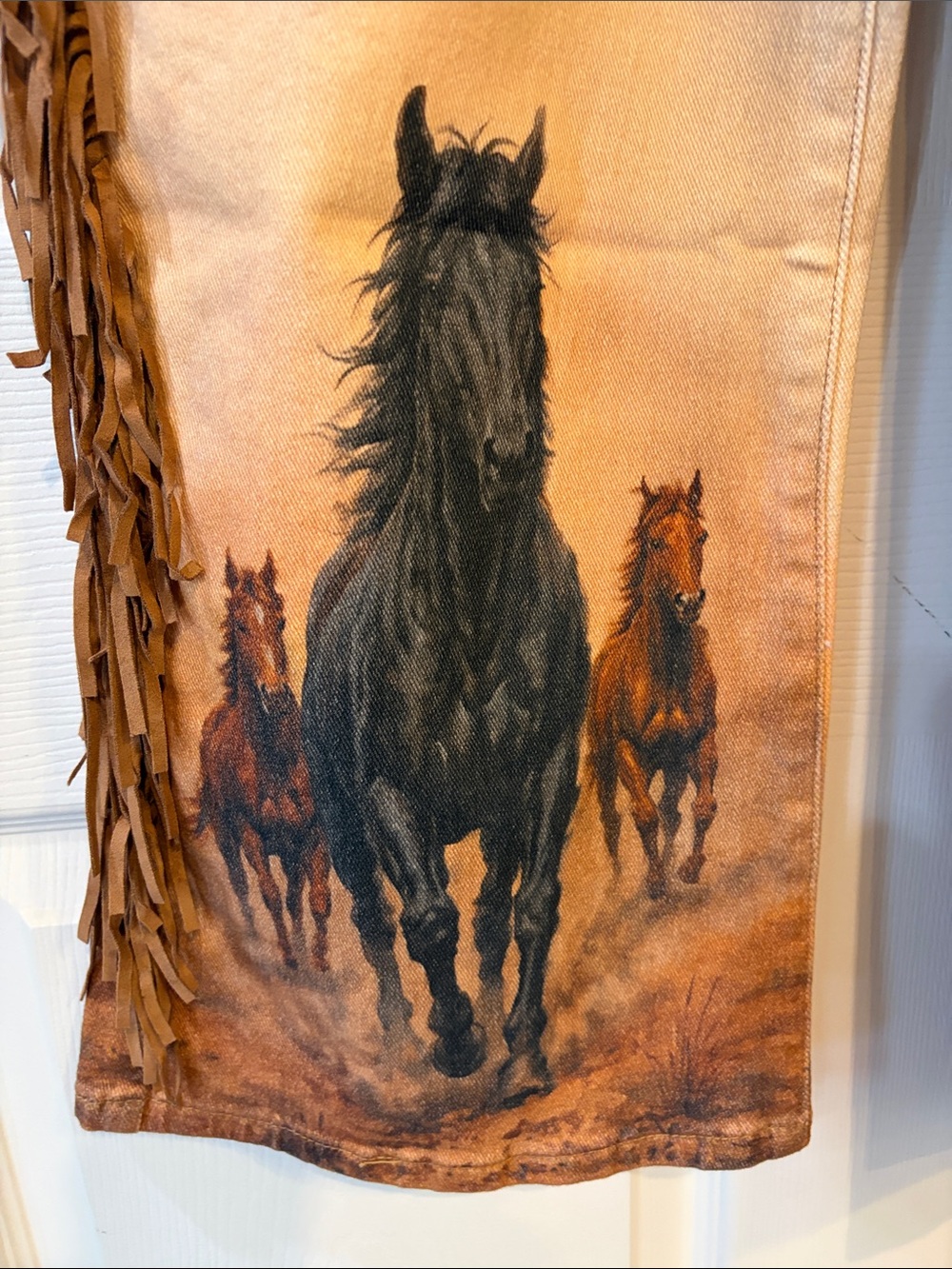 BNWT Western Brown & Black Horse Print Fringe Wide Leg Jeans - Picture 3 of 7